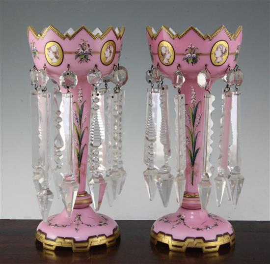 A pair of Victorian pink and white overlaid glass table lustres, 29.5cm